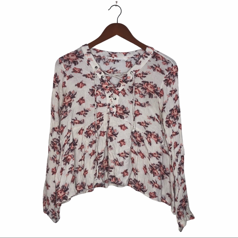 LUSH Cropped Peplum Lace Up Neckline Floral Blouse Size M Casual Lightweight